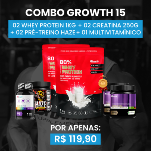 [COMBO 15] 02 WHEY PROTEIN 80% CONCENTRADO 1KG + 02 CREATINA MONOHIDRATADA 250G + 01 PRÉ-TREINO HAZE 300G + 01 MULTIVITAMÍNICO (120 CAPS)